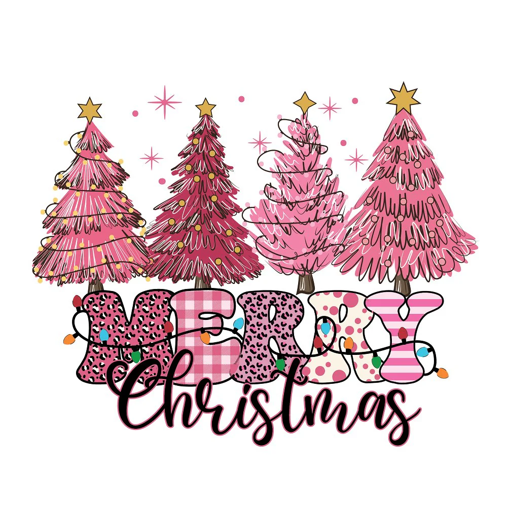 Merry Christmas & Pink Trees Fabric Panel
