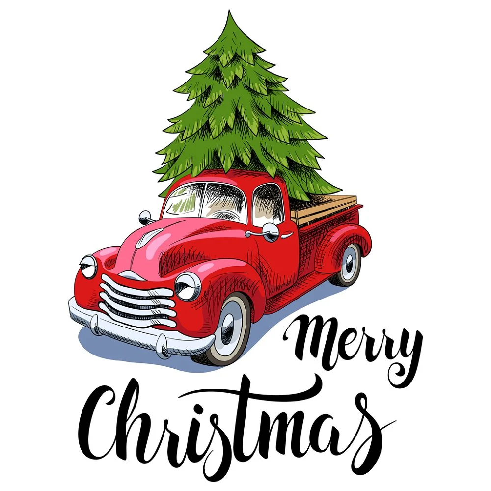Merry Christmas Red Truck Fabric Panel - White