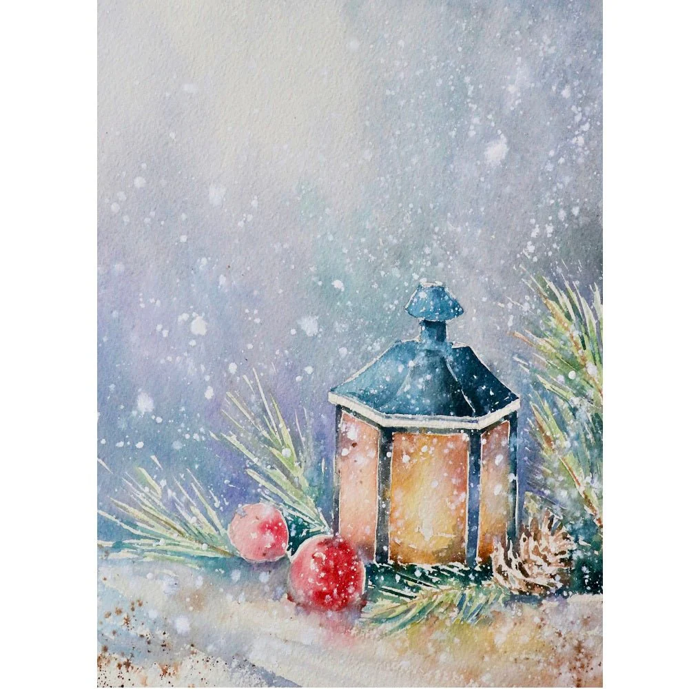 Merry Christmas Snowstorm Lantern Fabric Panel
