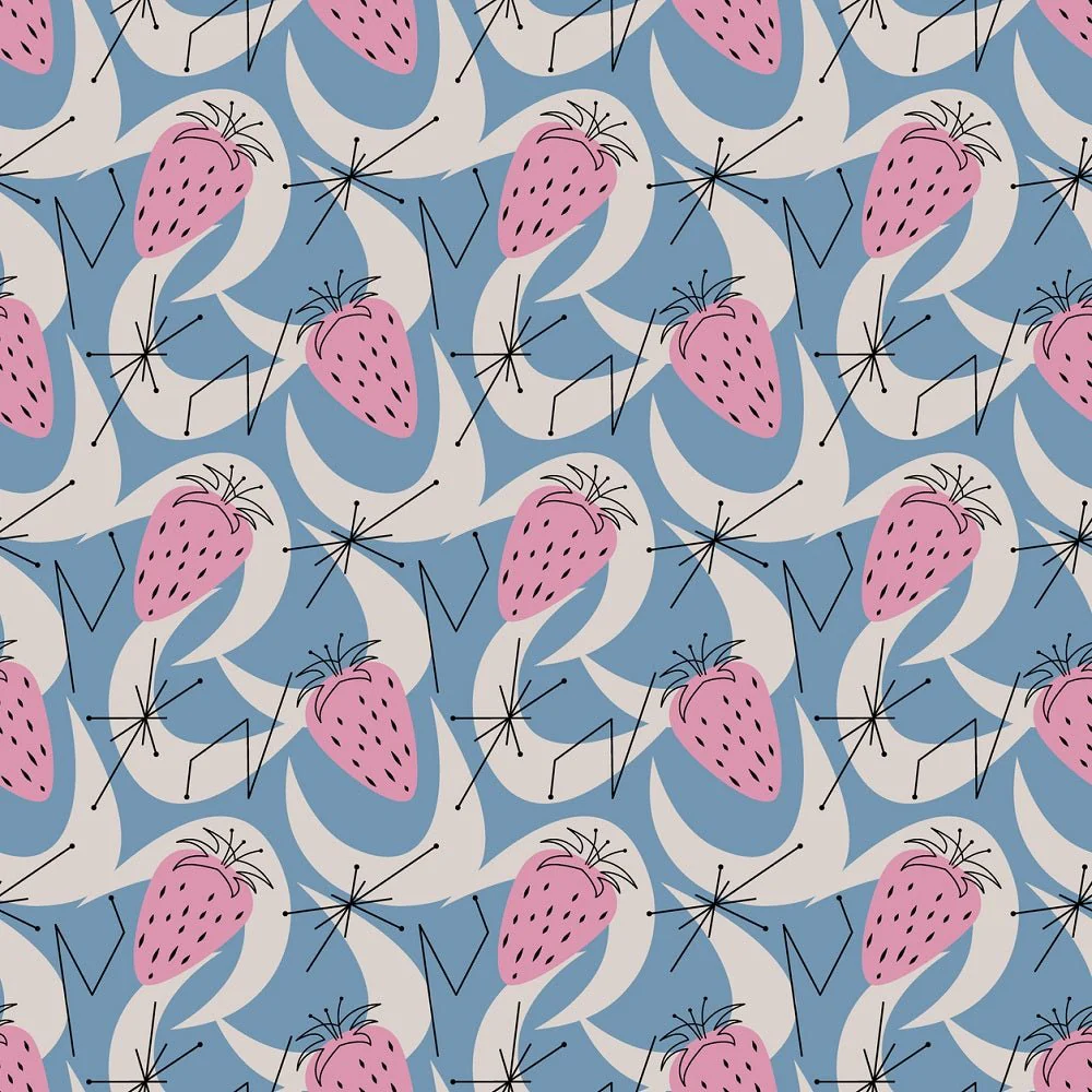 Mid-Century Modern Abstraction and Strawberries Fabric