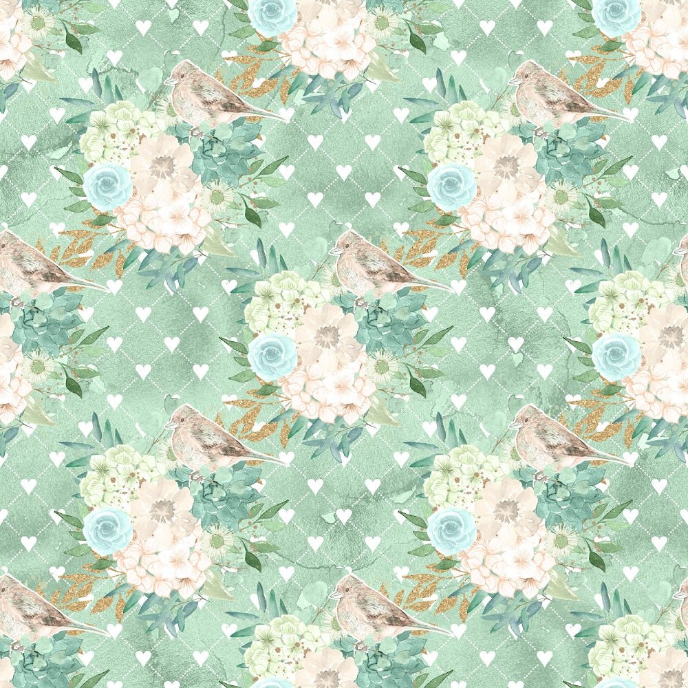 Mint Dreams Bouquets on Hearts Fabric