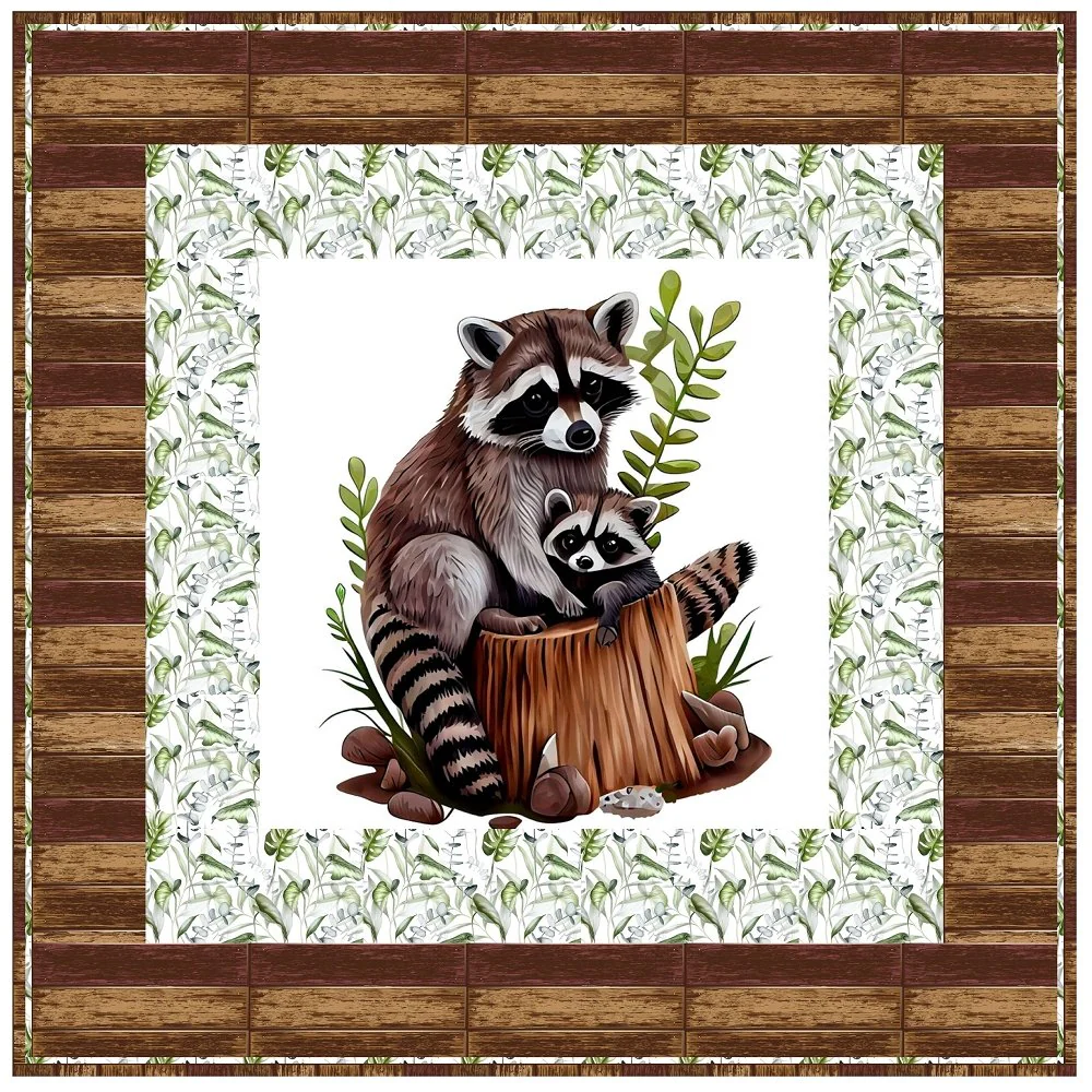 Mom and Baby Raccoon Sitting on a Stump Wall Hanging 42" x 42"