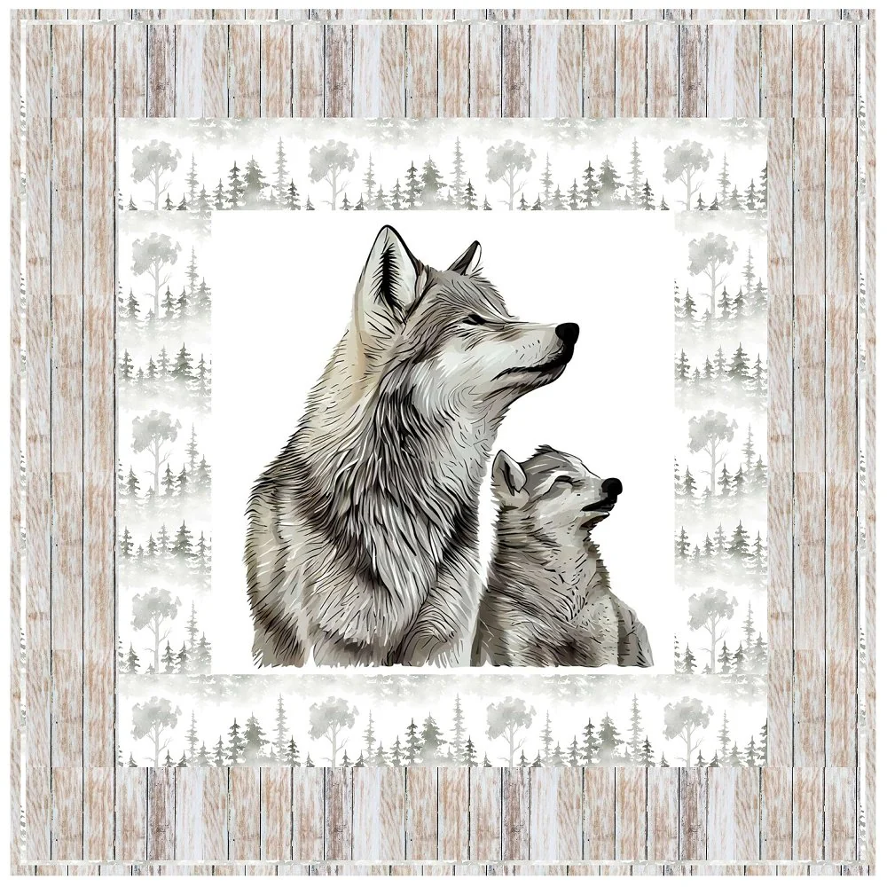 Mom and Baby Wolf in the Woods Wall Hanging 42" x 42"