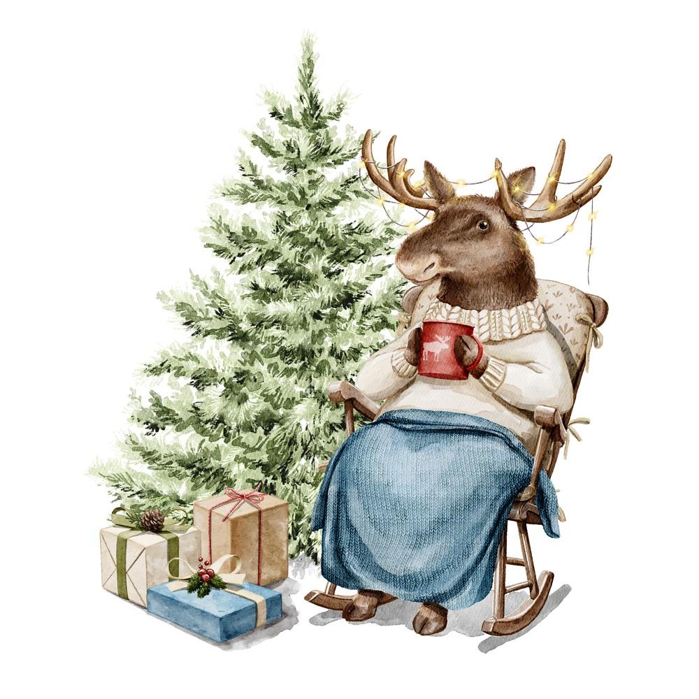 Moose Sipping Hot Cocoa By Christmas Tree Fabric Panel