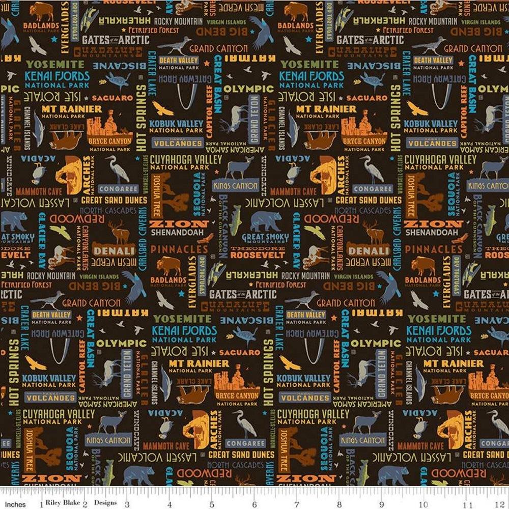 National Parks Word Print Fabric - Black