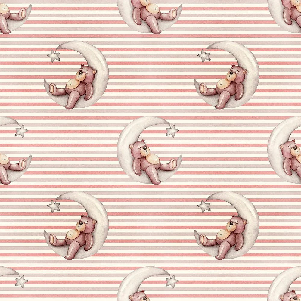 Nursery Bear Sleeping Moon on Stripes Fabric