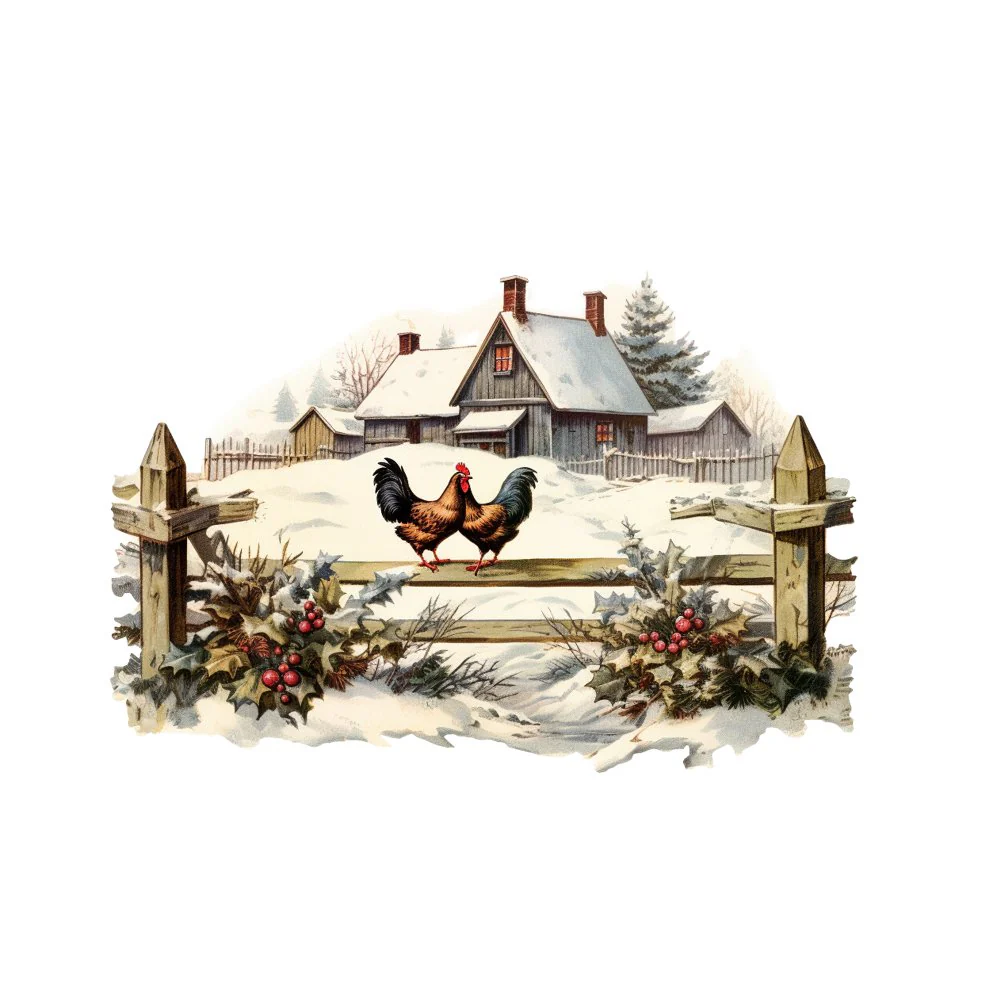 Old School Christmas Farm House #1 Fabric Panel