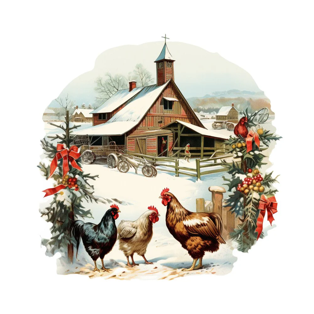 Old School Christmas Farm House #2 Fabric Panel