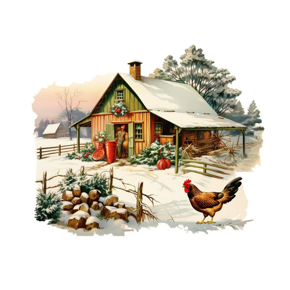 Old School Christmas Farm House #5 Fabric Panel