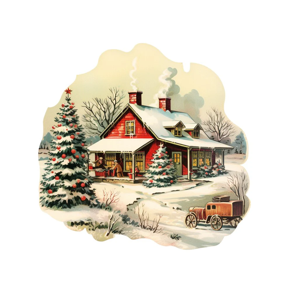 Old School Christmas Farm House #6 Fabric Panel