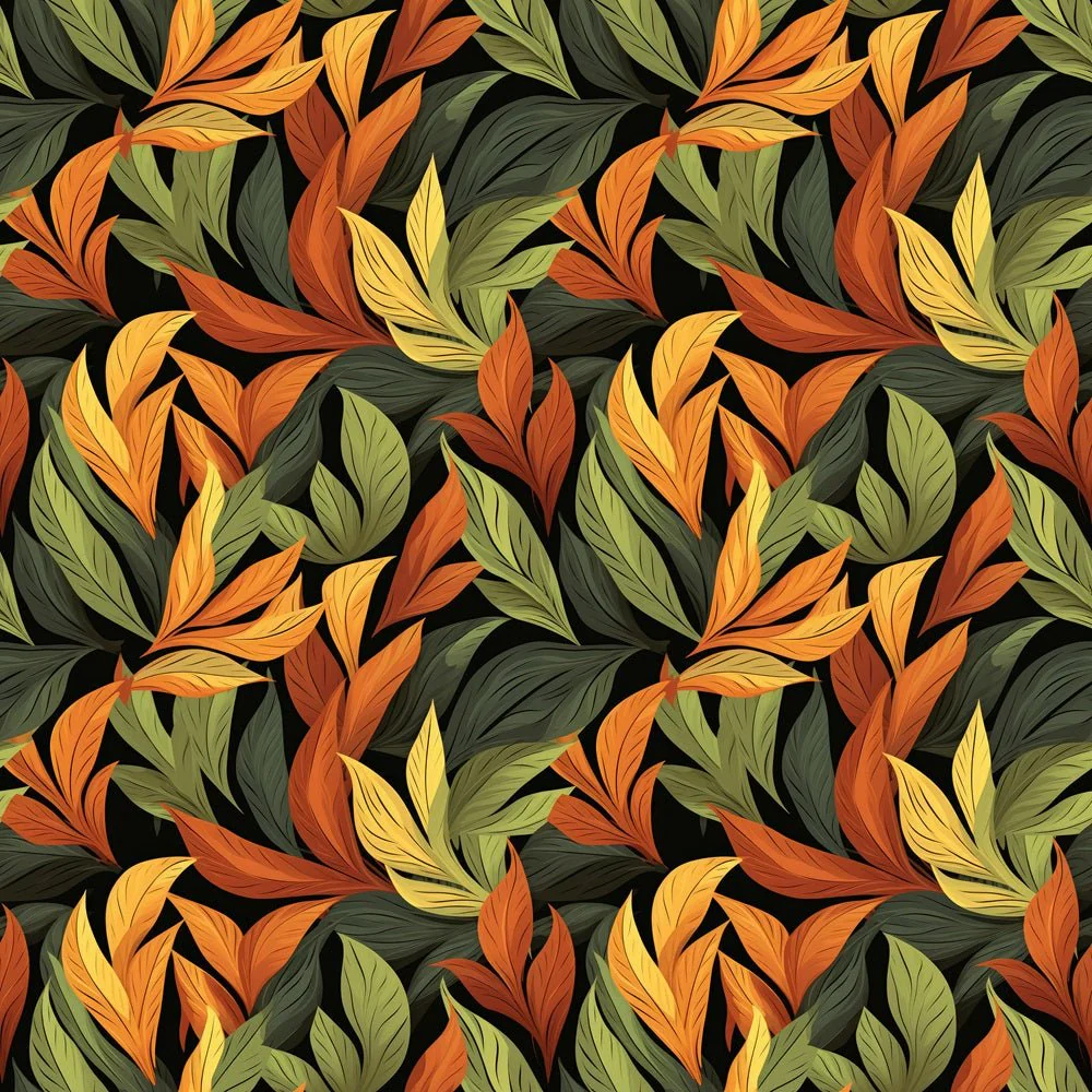 Orange & Green Tropical Leaves Fabric
