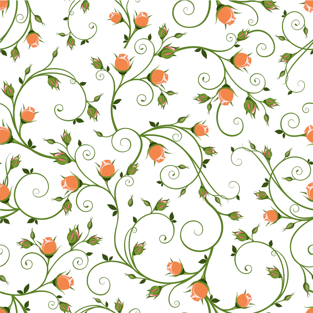 Orange Rosebuds on Vines Fabric - White