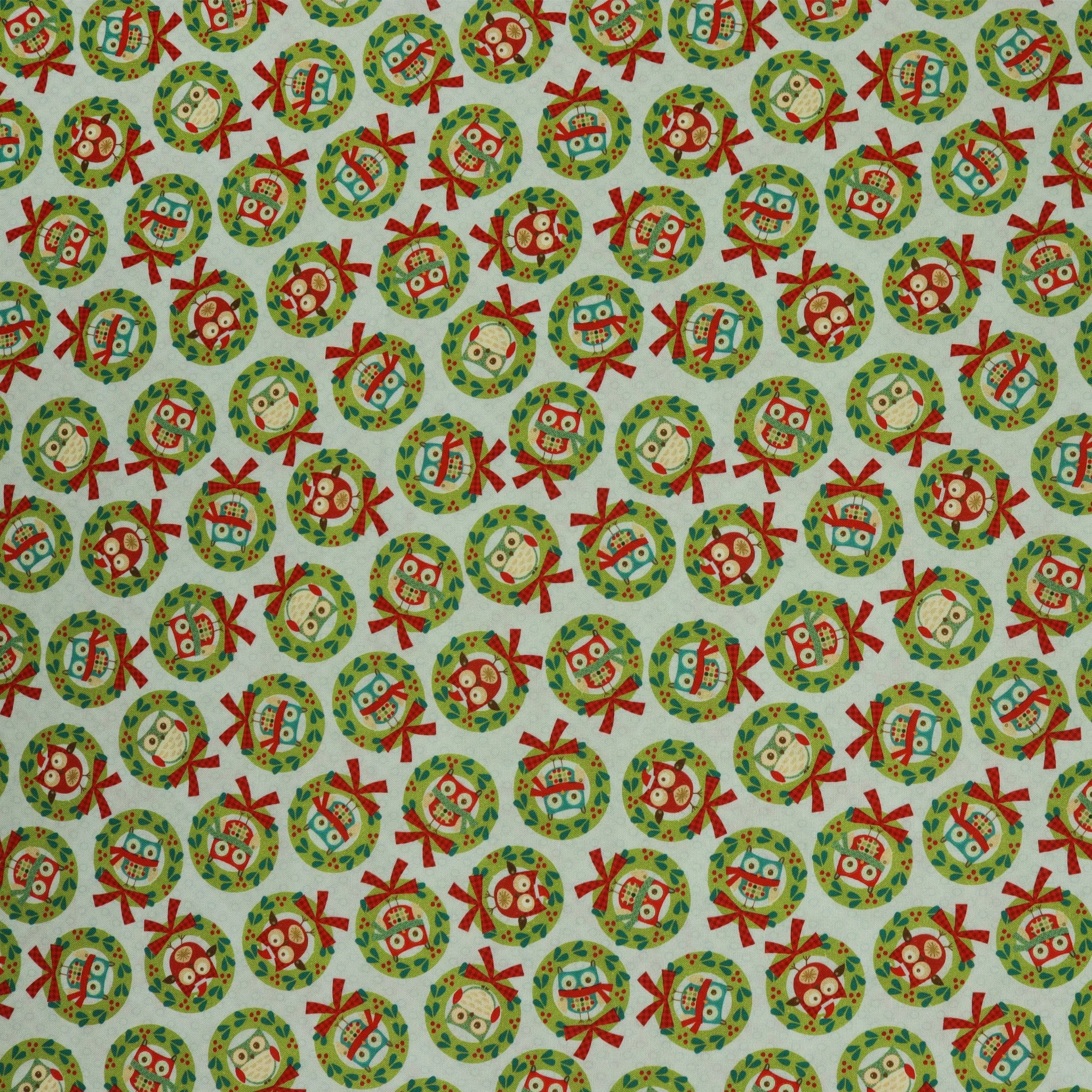 Owl Be Home For Christmas Fabric Collection - Wreath Owls Sky
