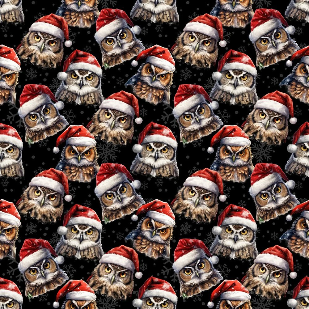 Owls In Santa Hats Fabric - Black