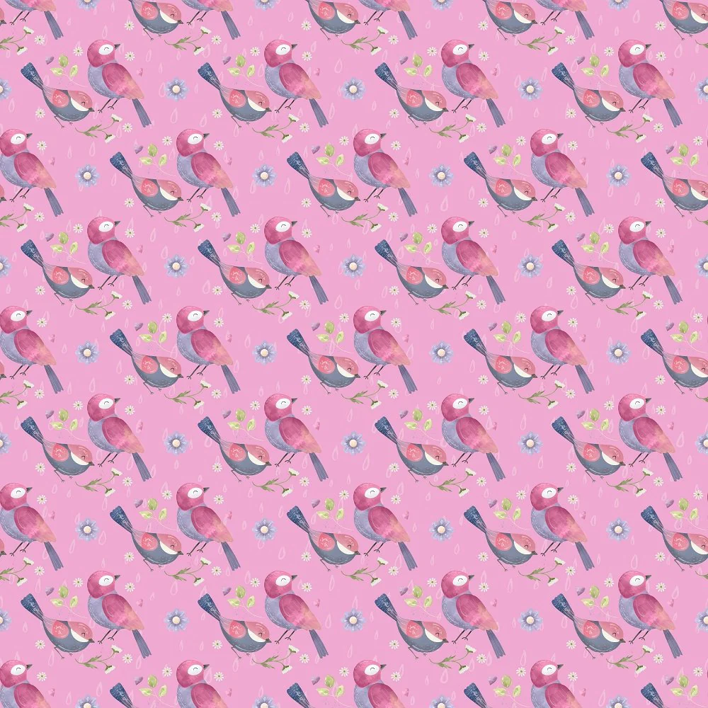 Packed Birds & Flowers Fabric - Pink