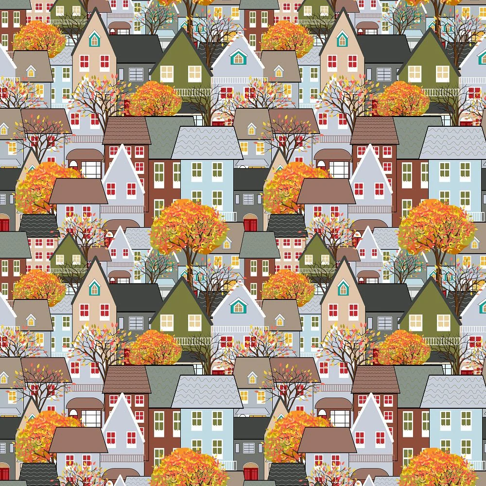 Packed Cartoon Houses Fabric