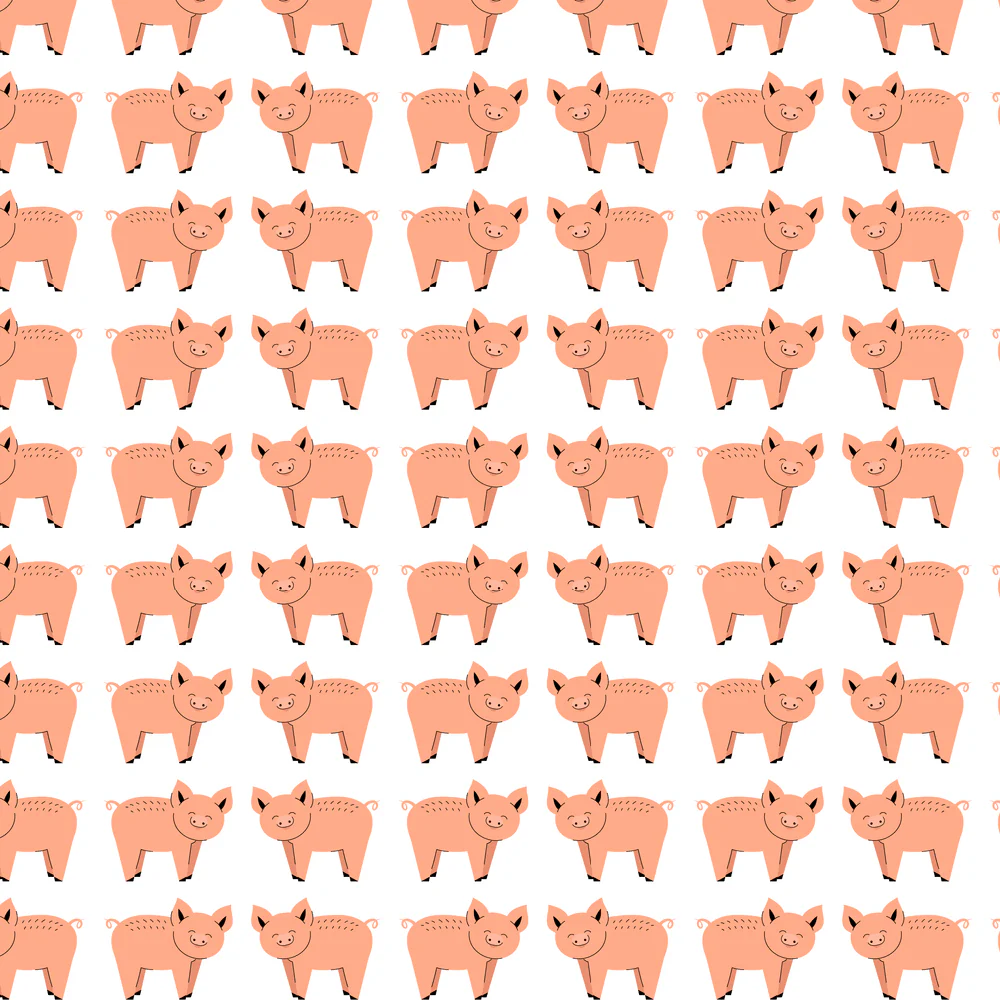 Packed Cartoon Pig Fabric - White