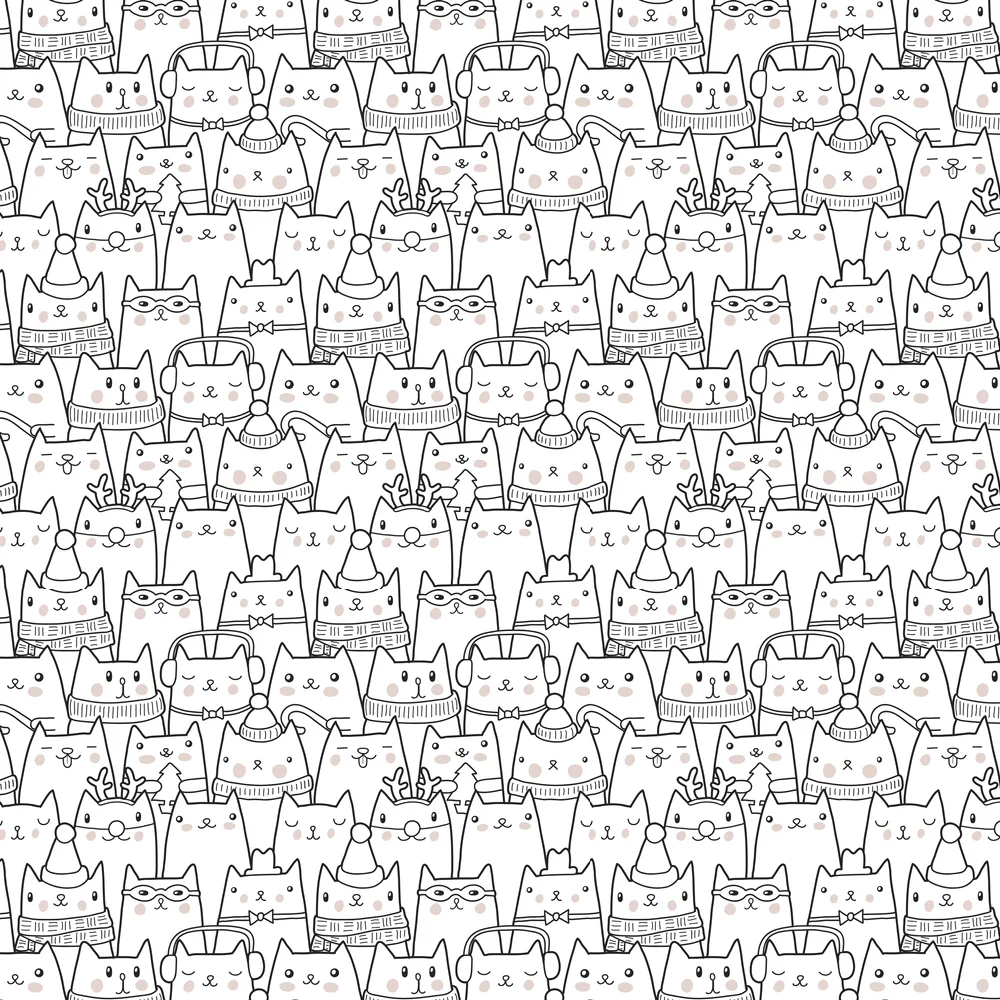 Packed Christmas Cats Fabric - White