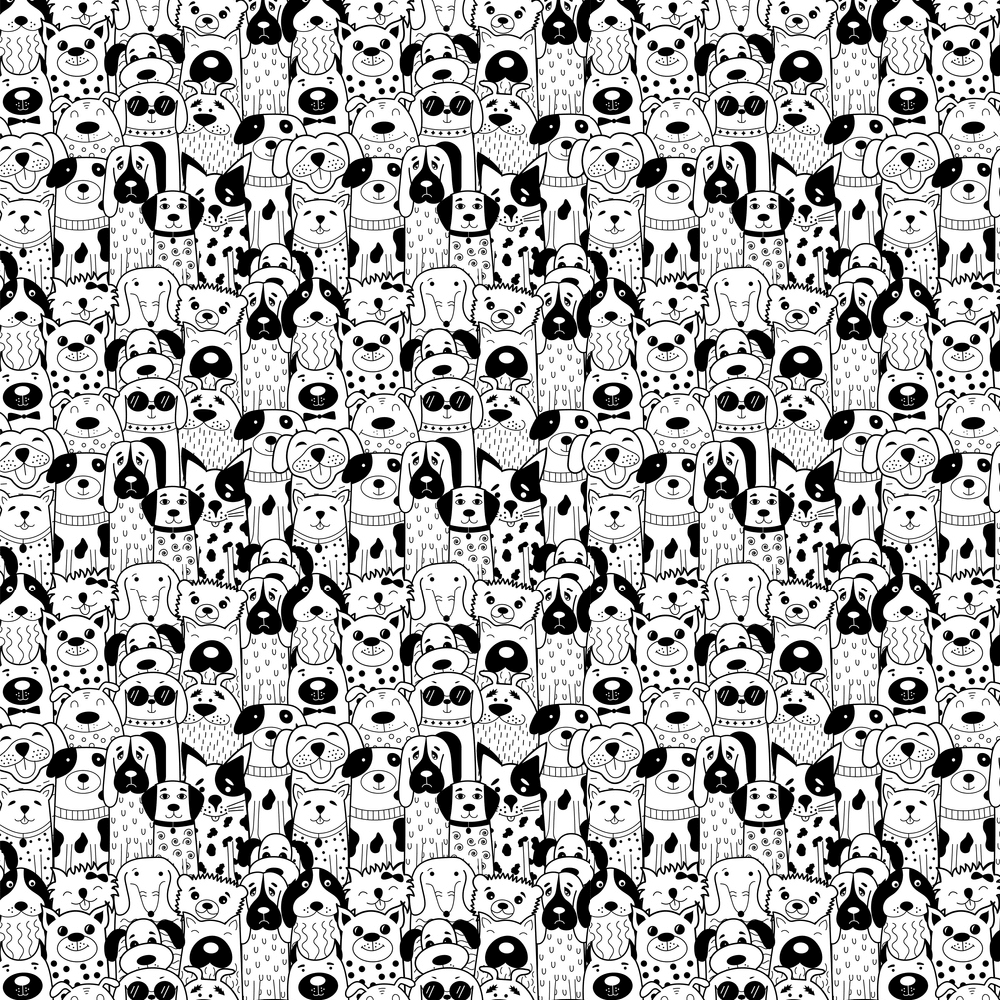 Packed Doodle Dogs Fabric - Black