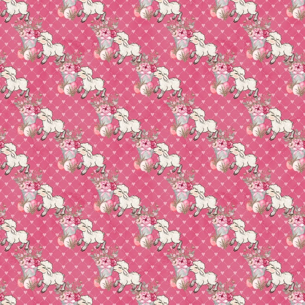 Packed Easter Flowers & Lamb on Hearts Fabric - Pink