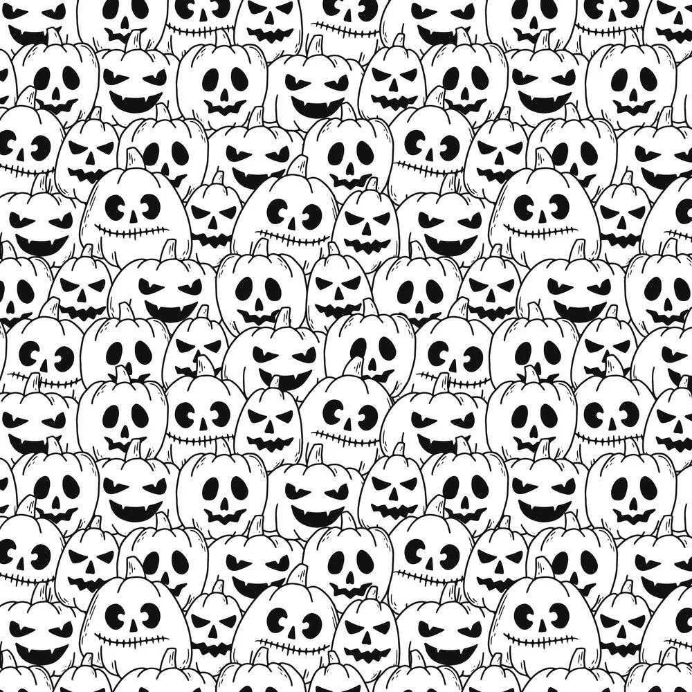 Packed Halloween Carved Pumpkins Fabric - Black/White