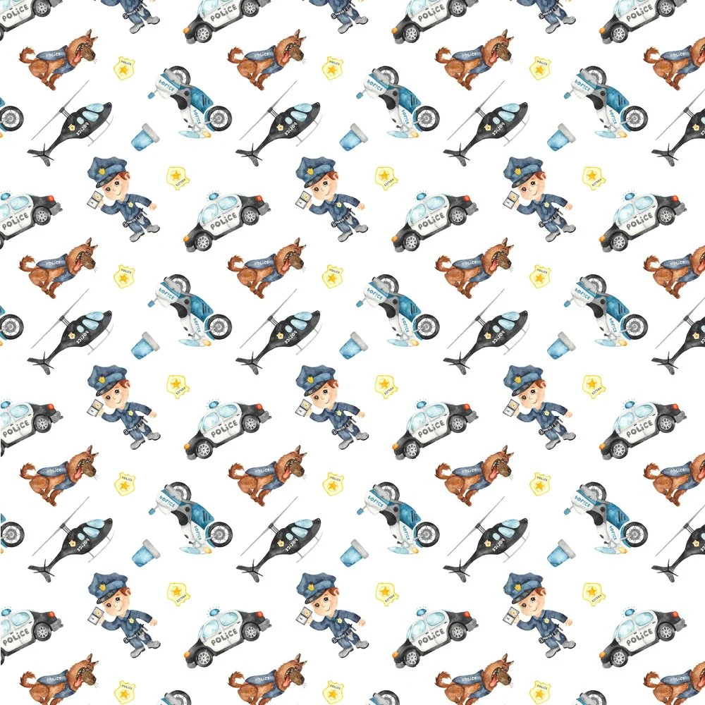 Packed Policeman With Helicopter And Dog Fabric - White