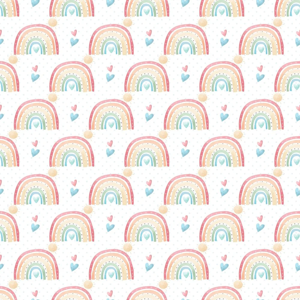 Packed Rainbows & Hearts Fabric - White