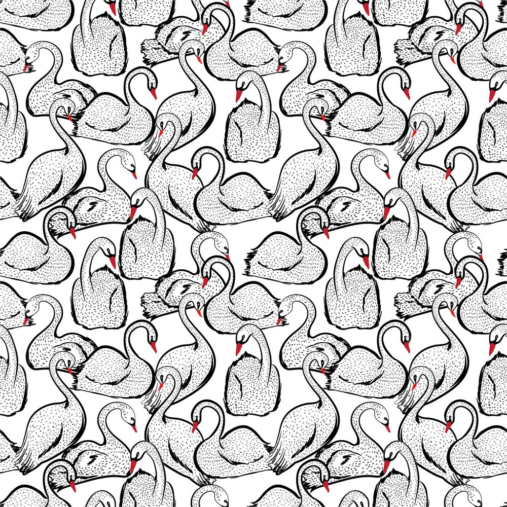 Packed Swan Birds Fabric - Black/White