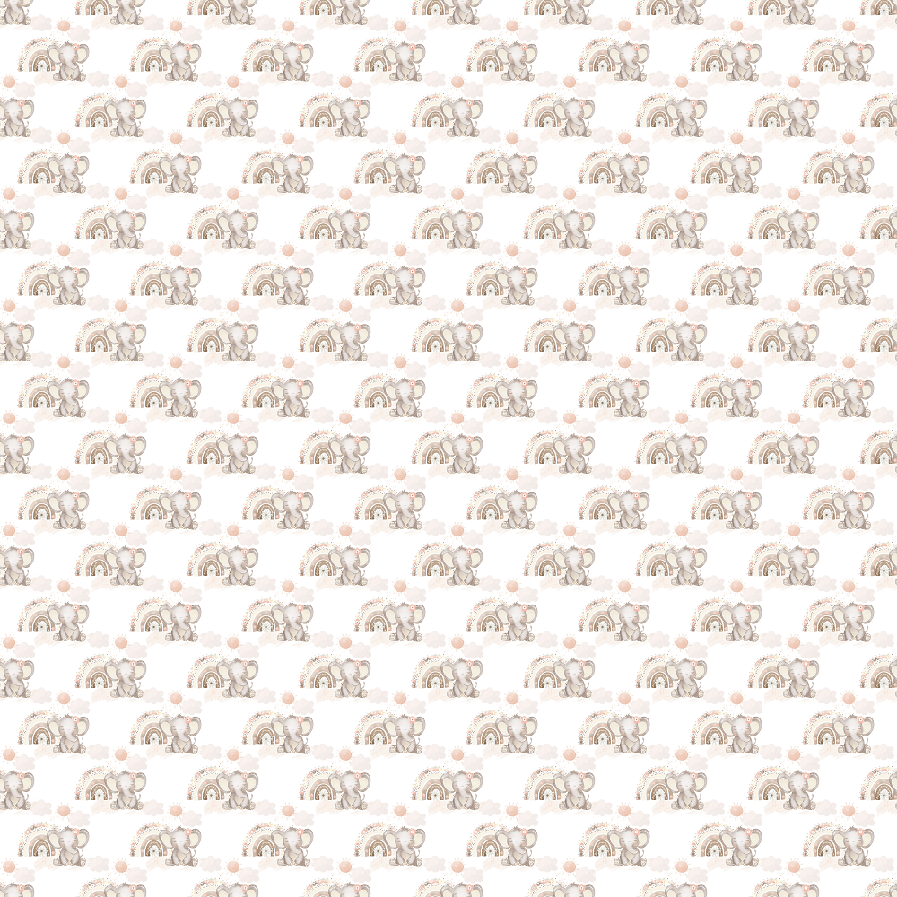 Packed Sweet Baby Elephants & Rainbows Fabric - White