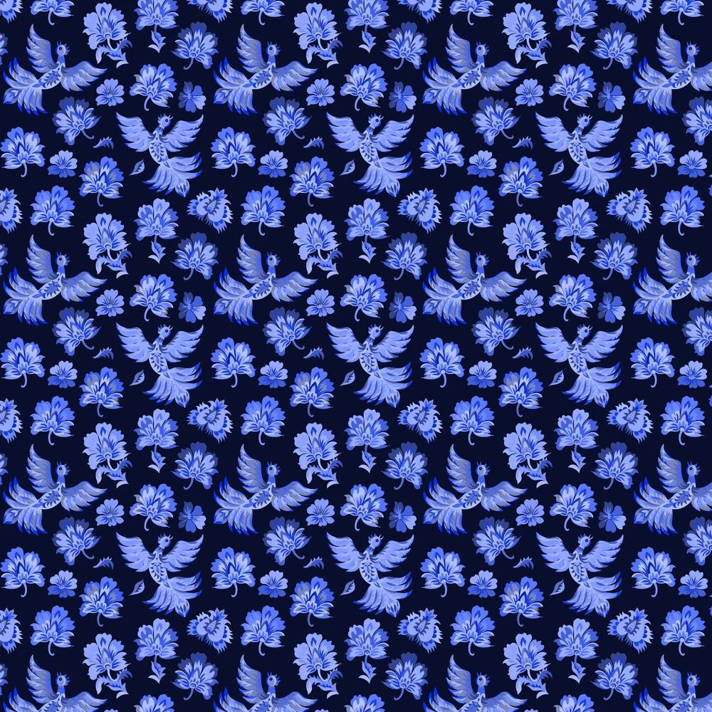 Packed Ukrainian Fantasy Birds & Flowers Fabric - Blue/Navy