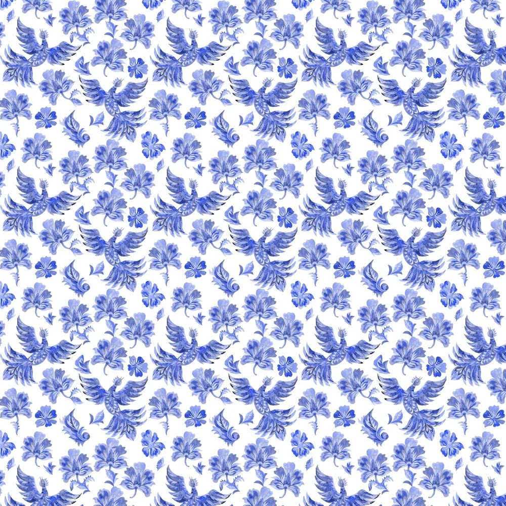 Packed Ukrainian Fantasy Birds & Flowers Fabric - Blue/White