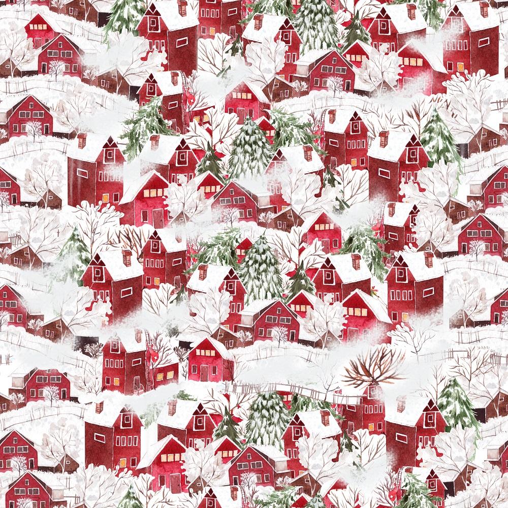 Packed Winter Village Fabric - White