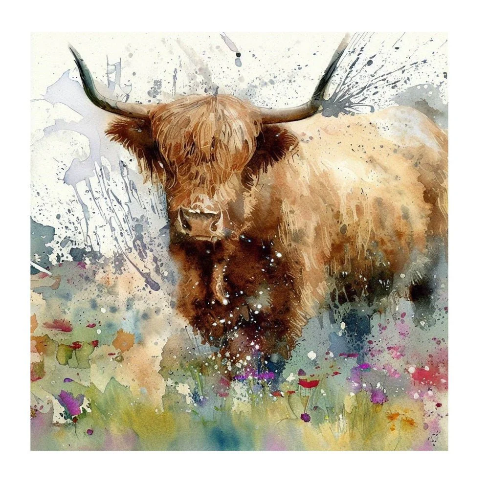 Paint Drip Highland Cow #2 Fabric Panel