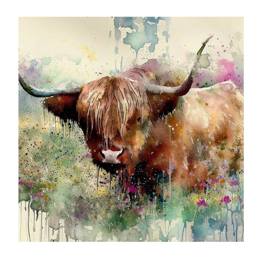 Paint Drip Highland Cow #4 Fabric Panel