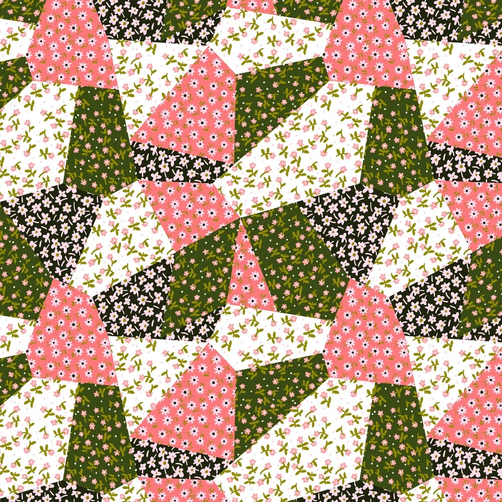 Patchwork Daises Fabric - Light Pink