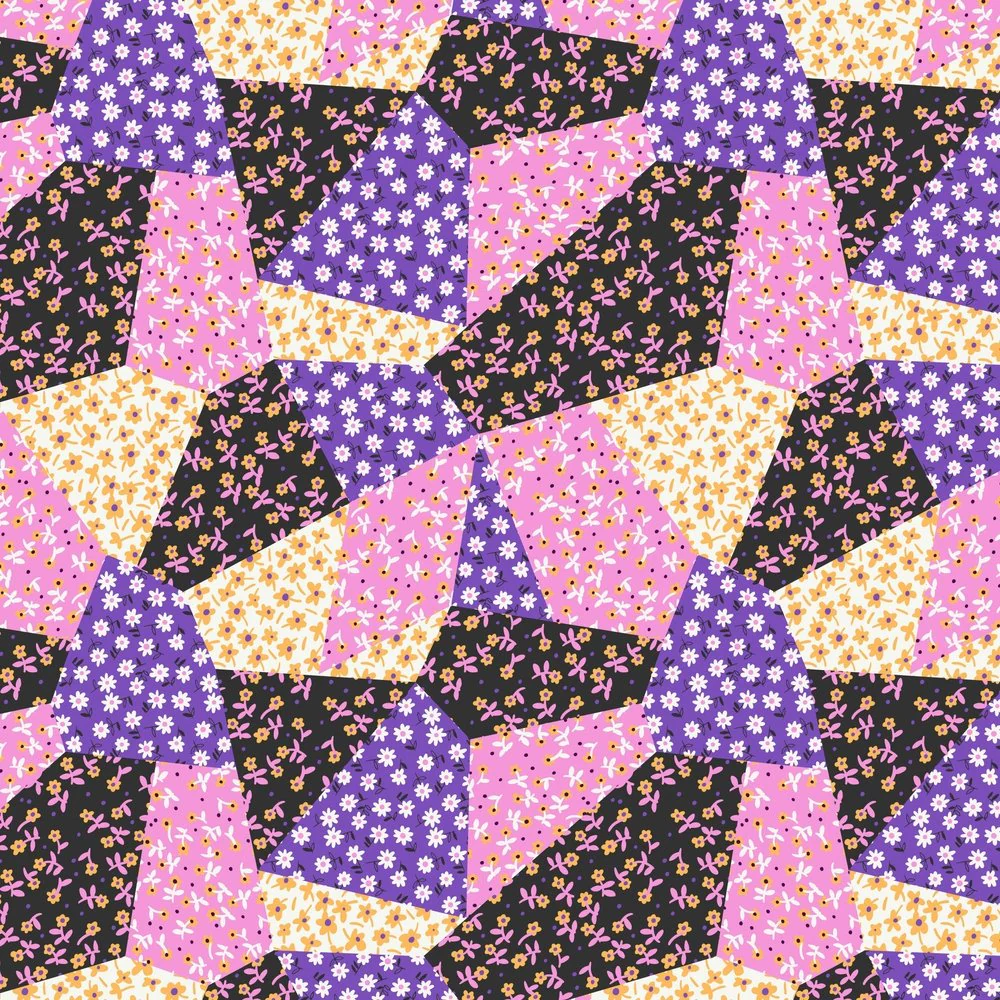 Patchwork Daises Fabric - Purple
