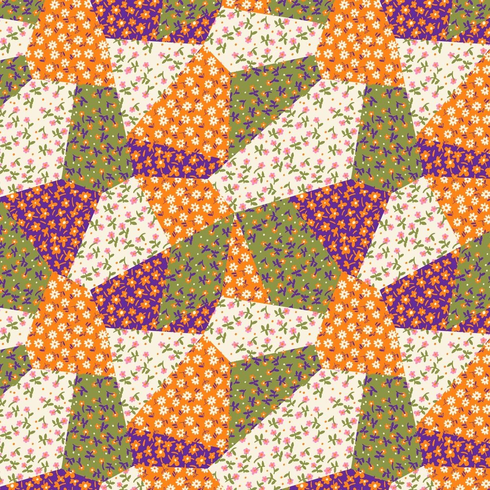 Patchwork Daisies Fabric - Orange
