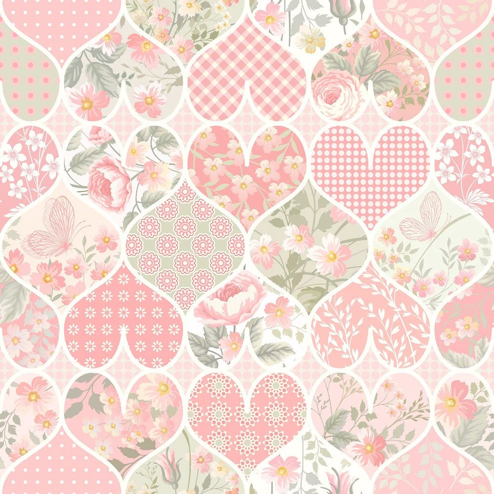 Patchwork Hearts with Flowers Fabric - Pastel