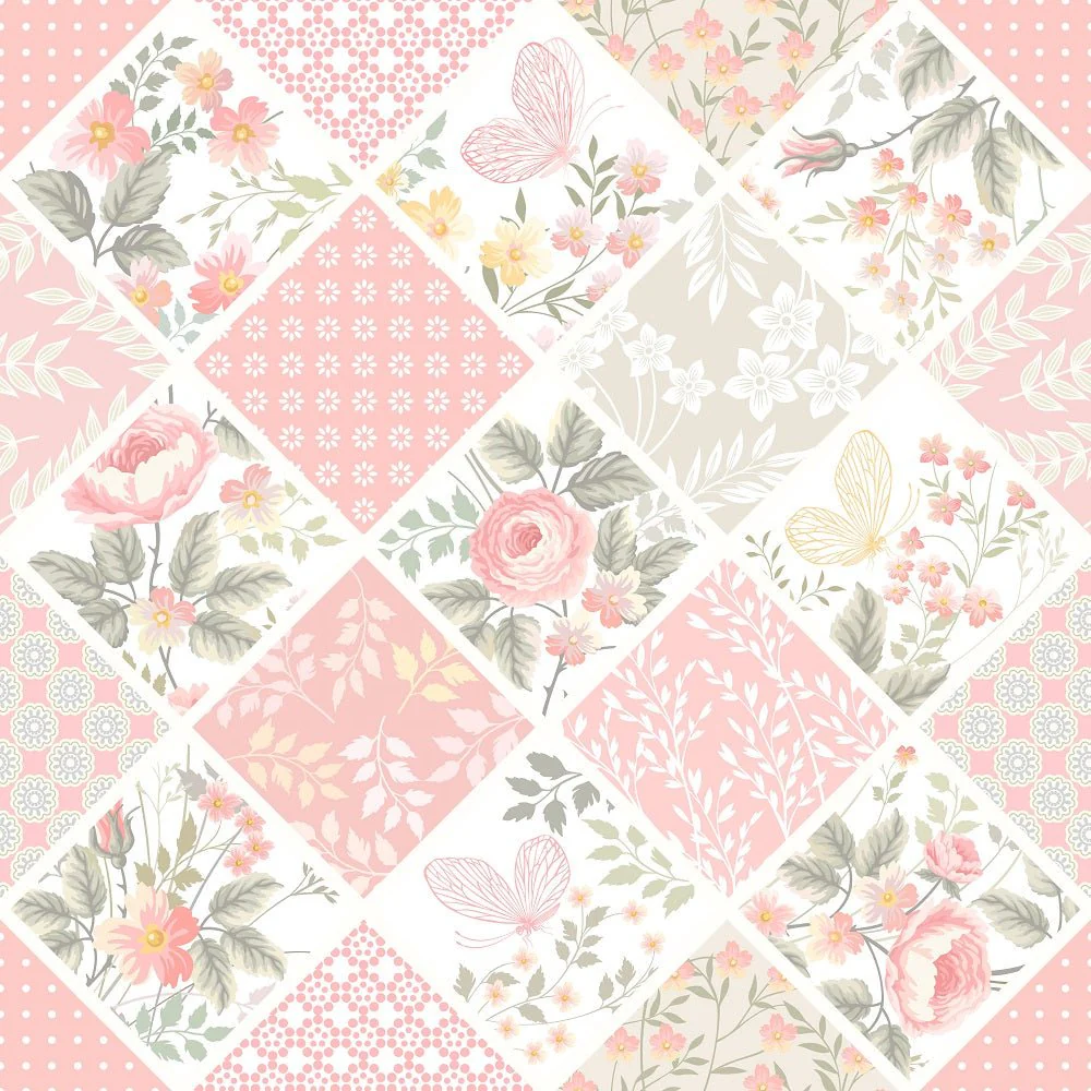 Patchwork with Roses and Butterflies Fabric - Pastel
