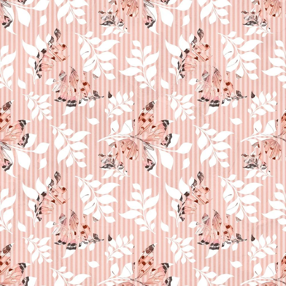 Patterned Leaves on Stripes Fabric - Coral