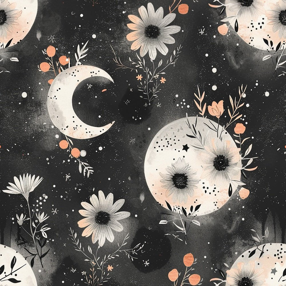 Peach Floral Moon Phases Fabric - Black & White