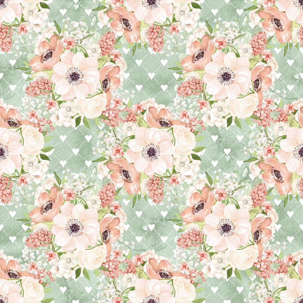 Peach Romance Bouquet on Hearts Fabric - Green