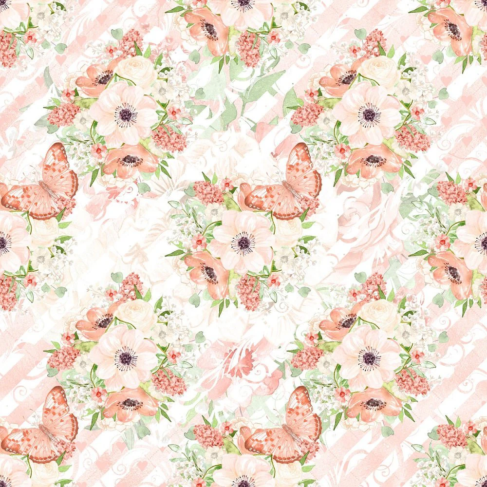 Peach Romance Flowers and Butterflies Striped Fabric - Pink