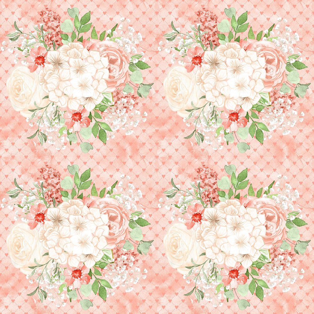 Peach Romance Large Bouquet on Hearts Fabric - Pink