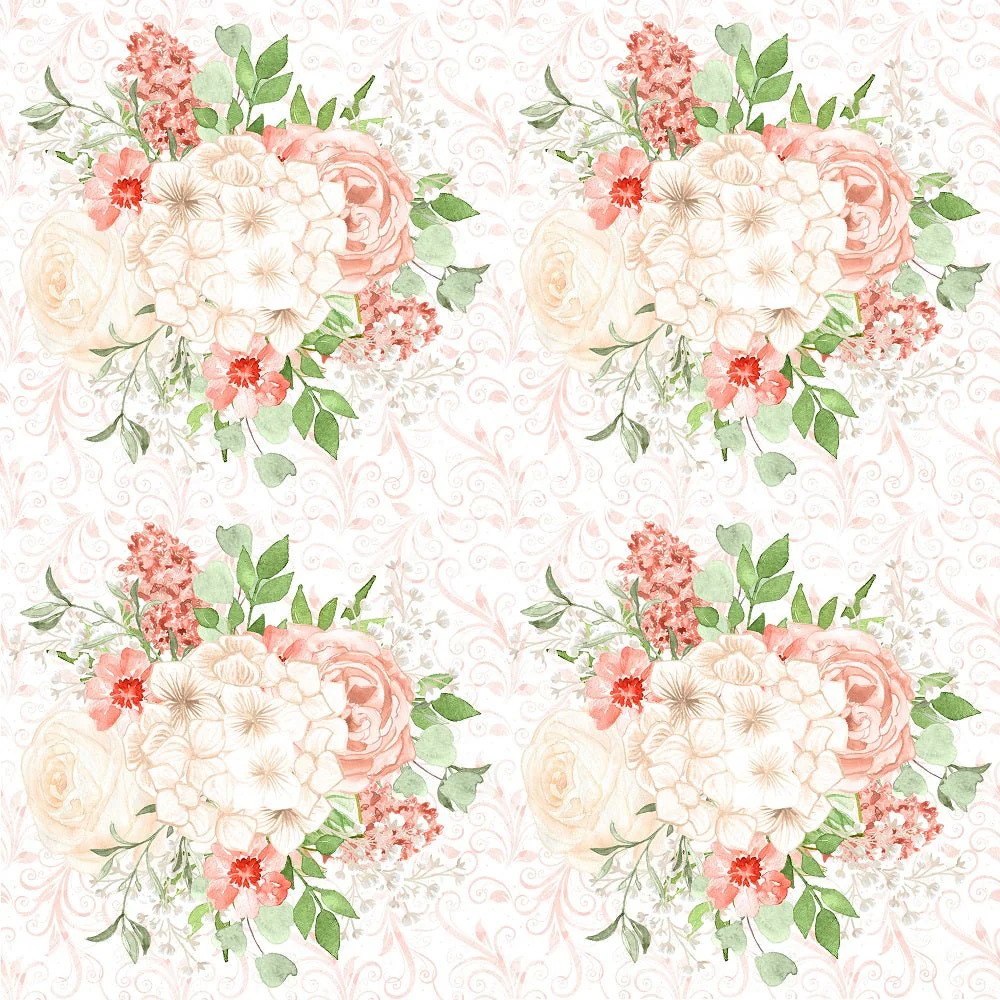 Peach Romance Large Bouquet on Swirls Fabric - White