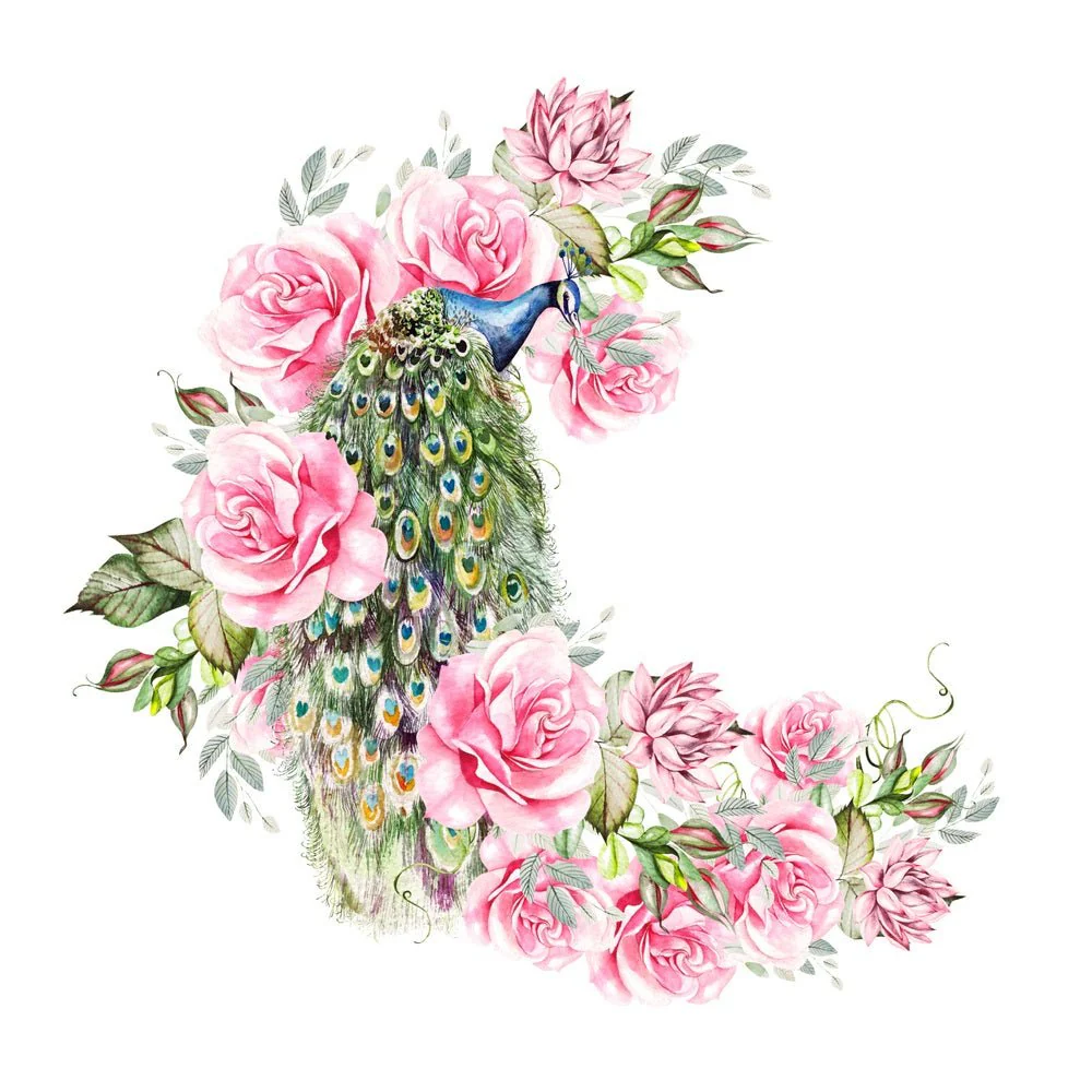 Peacock with Peonies and Roses Fabric Panel