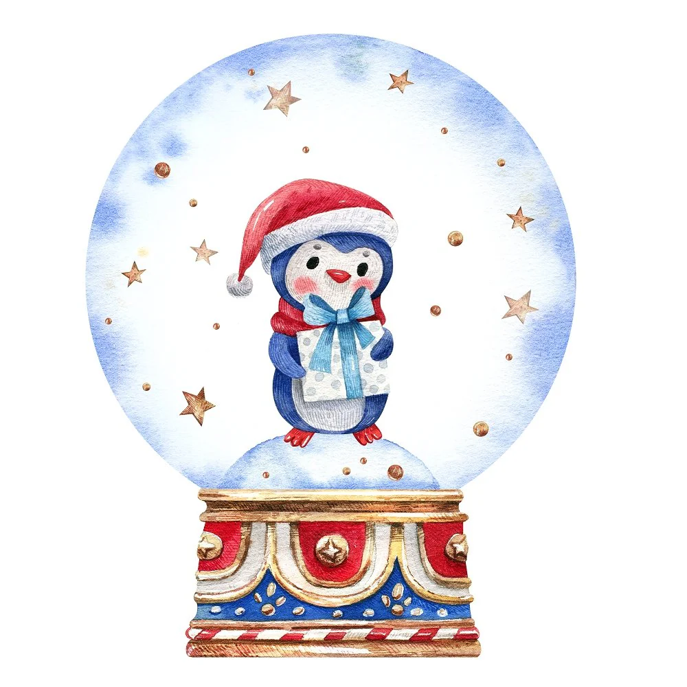Penguin Holding Present in Snowglobe Fabric Panel