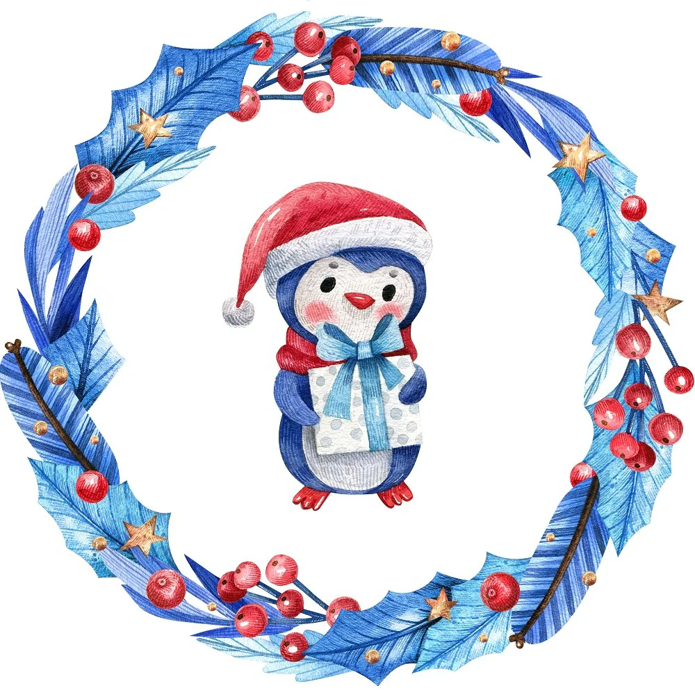 Penguin in a Wreath Fabric Panel - Blue
