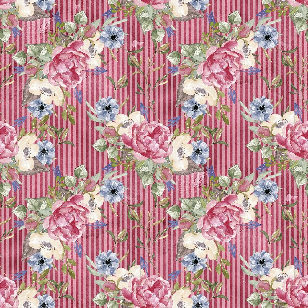 Peonies Wreath Bouquet on Stripes Fabric