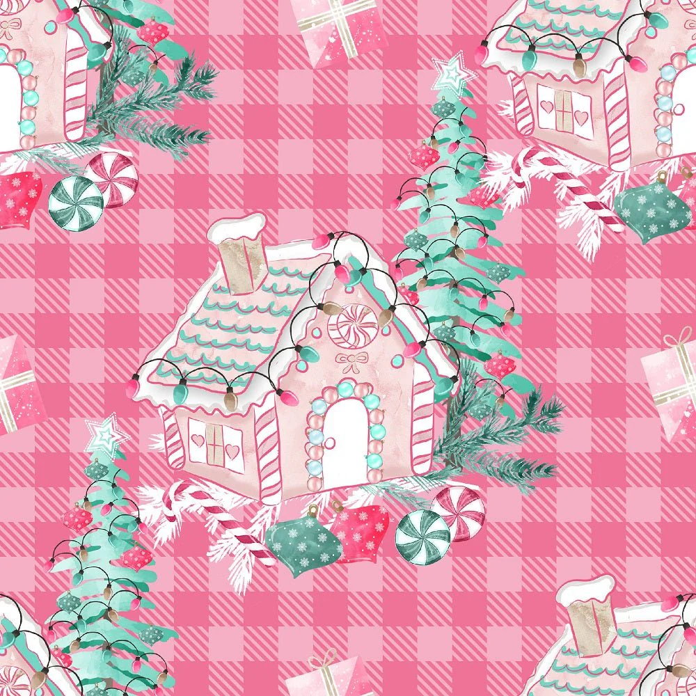 Peppermint Christmas Gingerbread House on Plaid Fabric - Pink